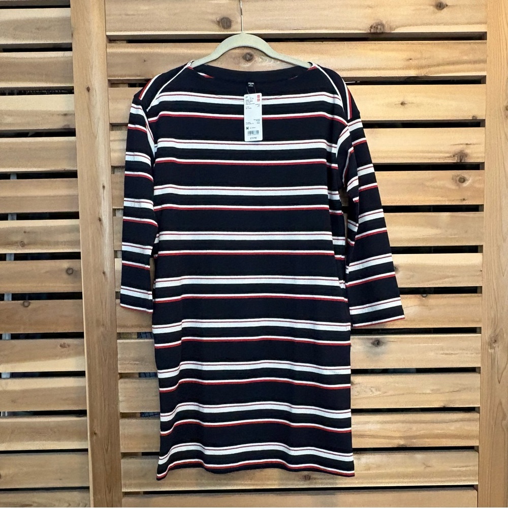NWT Uniqlo 100% Cotton Striped Boat Neck Longsleeved Dress Red White Navy